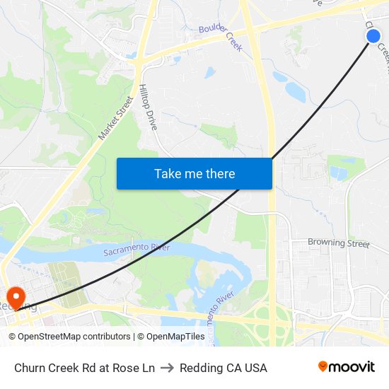 Churn Creek Rd at Rose Ln to Redding CA USA map