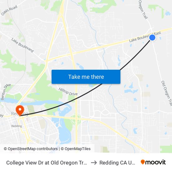 College View Dr at Old Oregon Trail to Redding CA USA map