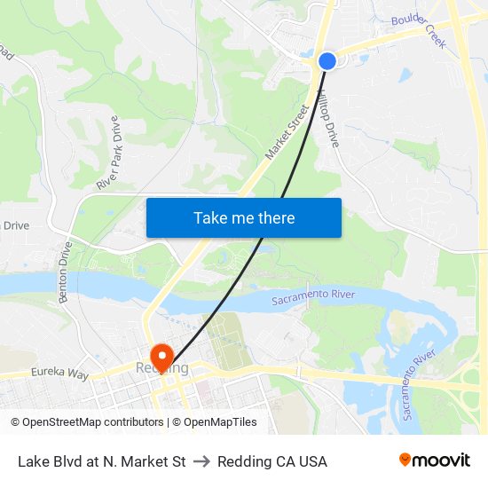 Lake Blvd at N. Market St to Redding CA USA map