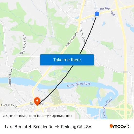 Lake Blvd at N. Boulder Dr to Redding CA USA map