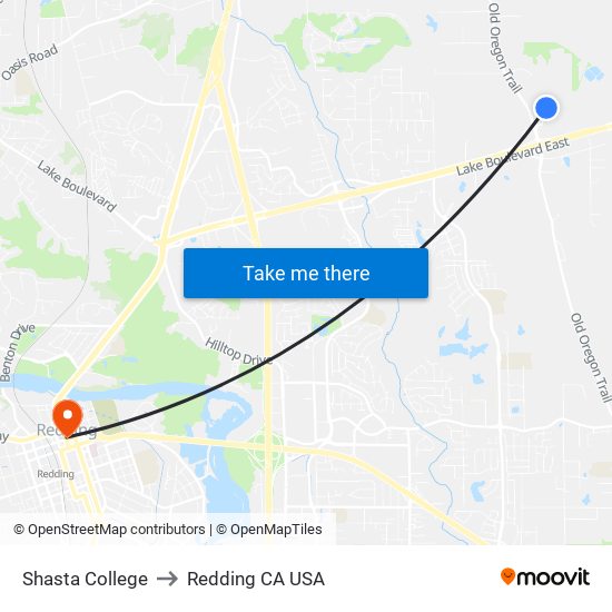 Shasta College to Redding CA USA map