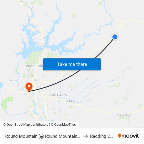 Round Mountain (@ Round Mountain Store/Cafe) to Redding CA USA map