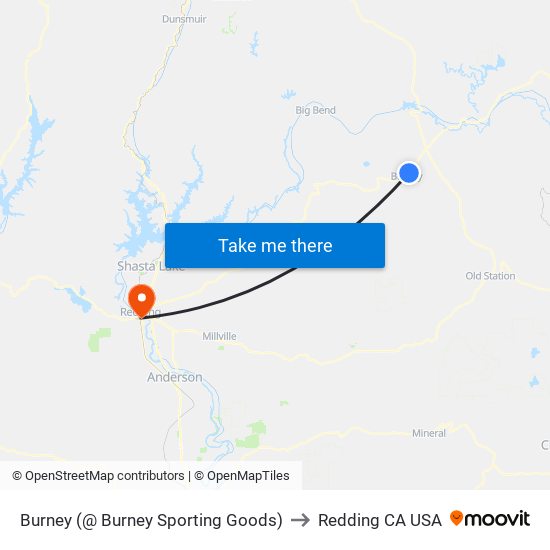 Burney (@ Burney Sporting Goods) to Redding CA USA map