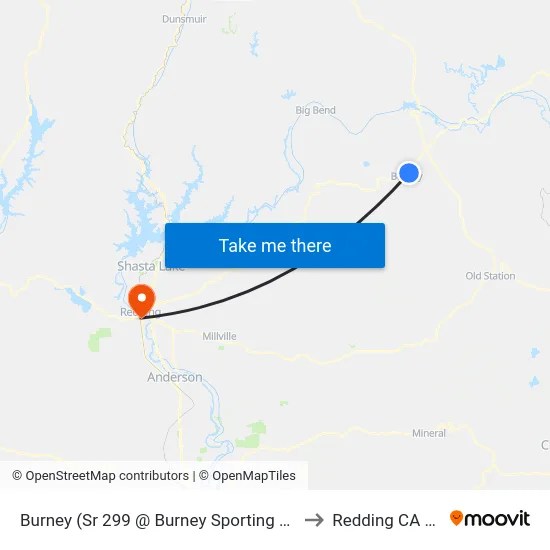 Burney (Sr 299 @ Burney Sporting Goods) to Redding CA USA map