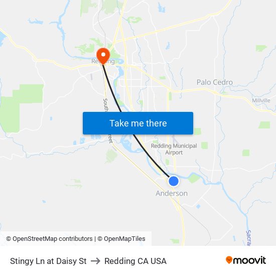 Stingy Ln at Daisy St to Redding CA USA map