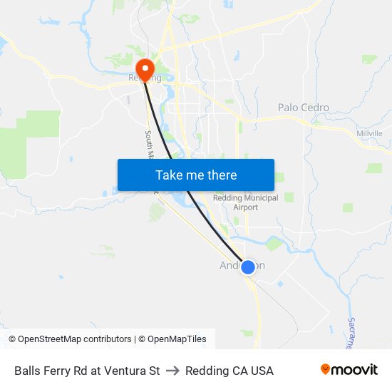 Balls Ferry Rd at Ventura St to Redding CA USA map