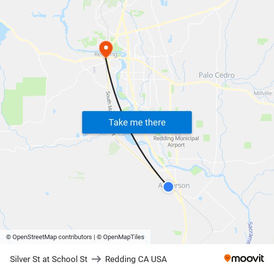 Silver St at School St to Redding CA USA map