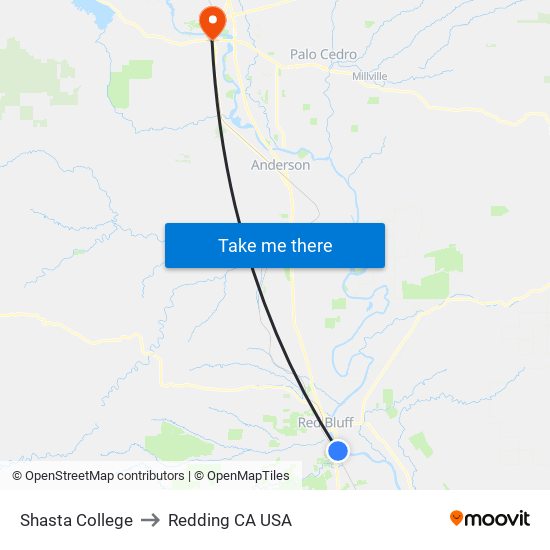 Shasta College to Redding CA USA map