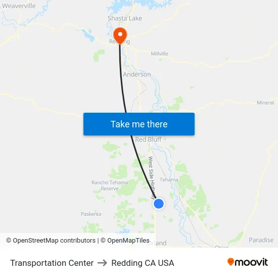 Transportation Center to Redding CA USA map