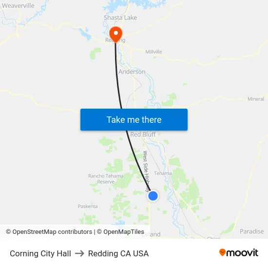 Corning City Hall to Redding CA USA map