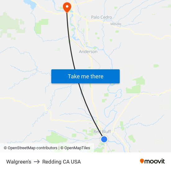 Walgreen's to Redding CA USA map