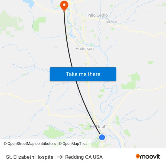 St. Elizabeth Hospital to Redding CA USA map