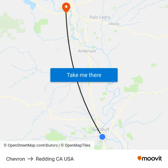 Chevron to Redding CA USA map