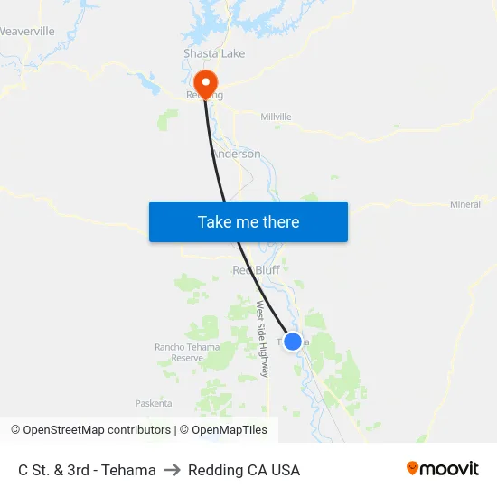 C St. & 3rd - Tehama to Redding CA USA map