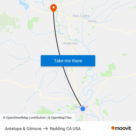 Antelope & Gilmore to Redding CA USA map