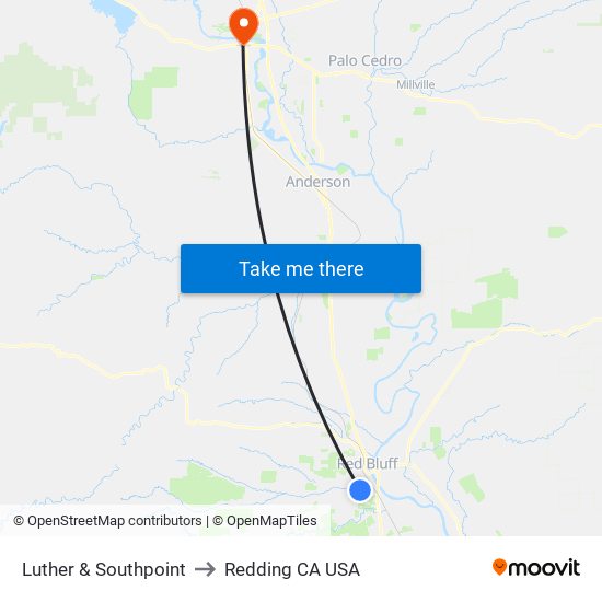 Luther & Southpoint to Redding CA USA map