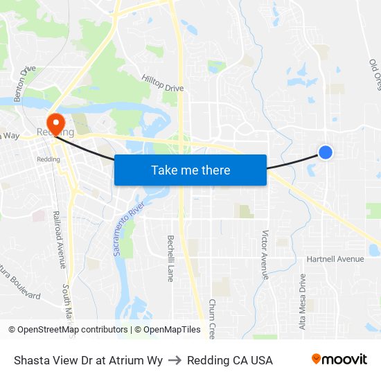 Shasta View Dr at Atrium Wy to Redding CA USA map