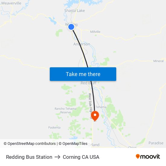 Redding Bus Station to Corning CA USA map