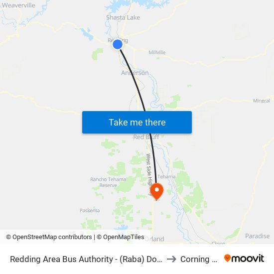 Redding Area Bus Authority - (Raba) Downtown Transit Center to Corning CA USA map