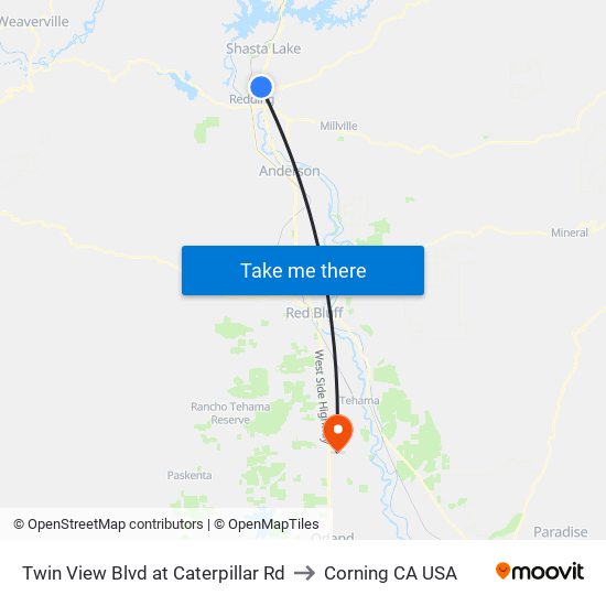 Twin View Blvd at Caterpillar Rd to Corning CA USA map