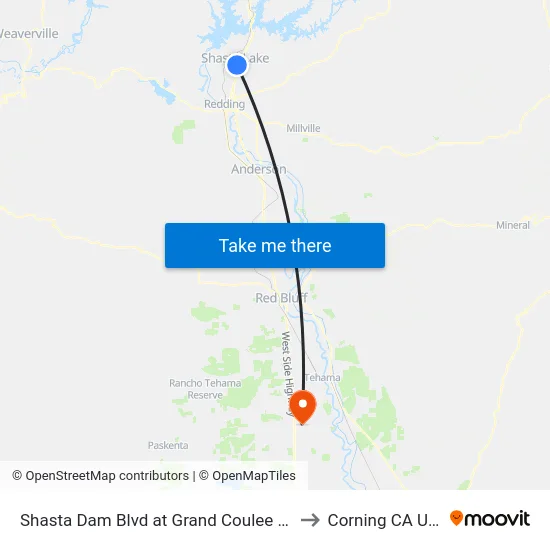 Shasta Dam Blvd at Grand Coulee Blvd to Corning CA USA map