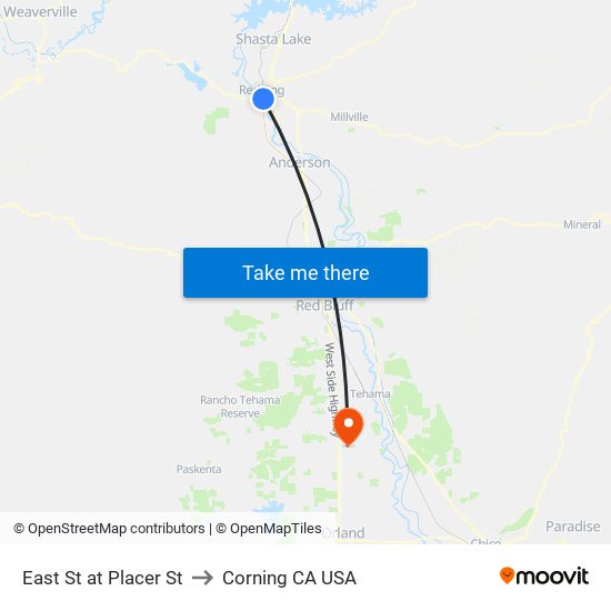 East St at Placer St to Corning CA USA map