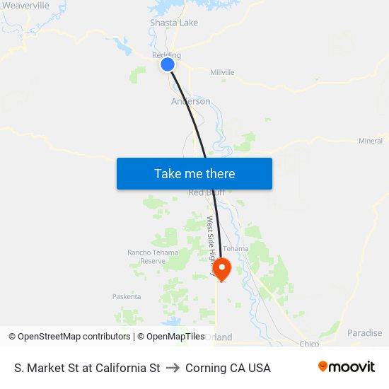 S. Market St at California St to Corning CA USA map