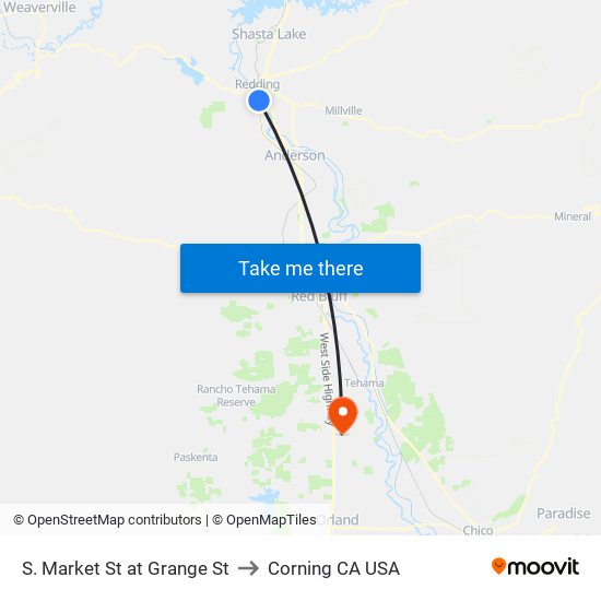 S. Market St at Grange St to Corning CA USA map