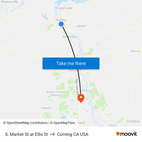 S. Market St at Ellis St to Corning CA USA map