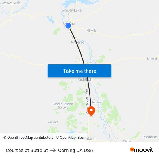 Court St at Butte St to Corning CA USA map