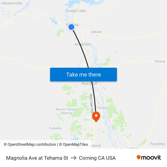 Magnolia Ave at Tehama St to Corning CA USA map