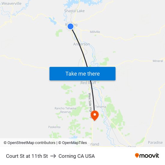 Court St at 11th St to Corning CA USA map