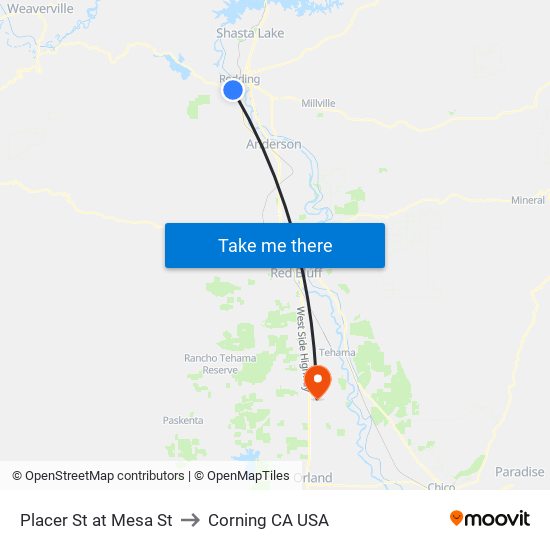 Placer St at Mesa St to Corning CA USA map