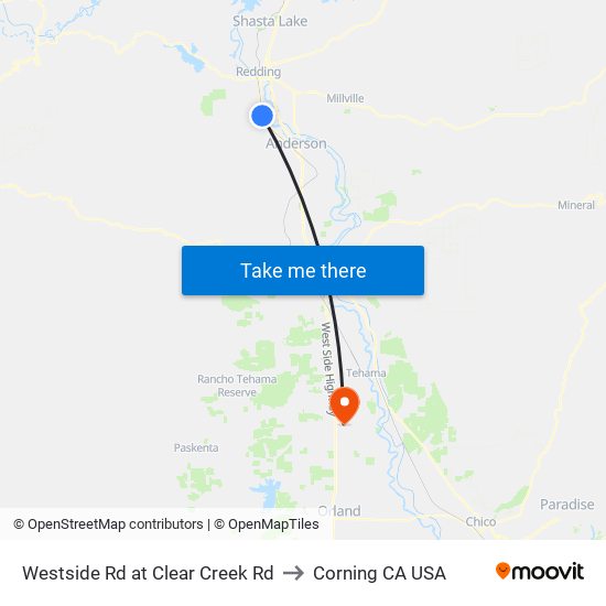 Westside Rd at Clear Creek Rd to Corning CA USA map