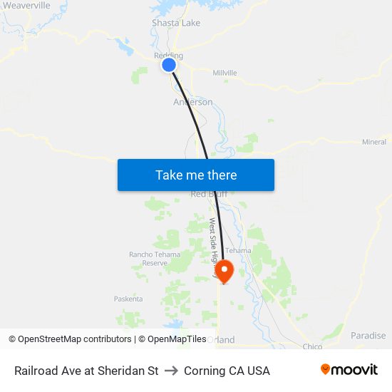 Railroad Ave at Sheridan St to Corning CA USA map