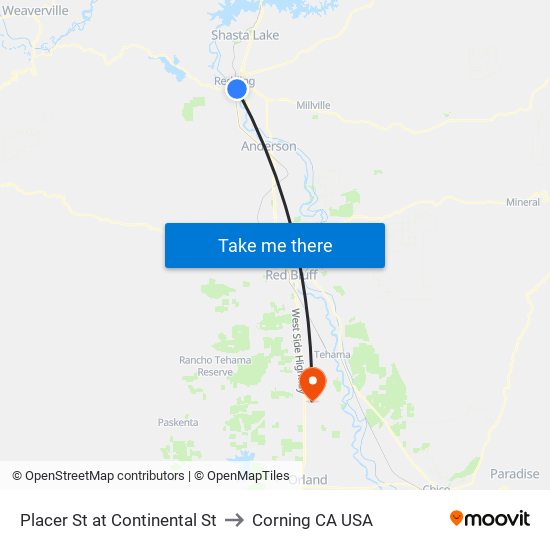 Placer St at Continental St to Corning CA USA map