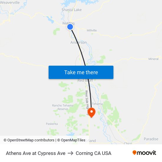 Athens Ave at Cypress Ave to Corning CA USA map