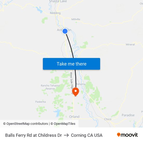 Balls Ferry Rd at Childress Dr to Corning CA USA map