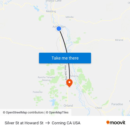 Silver St at Howard St to Corning CA USA map