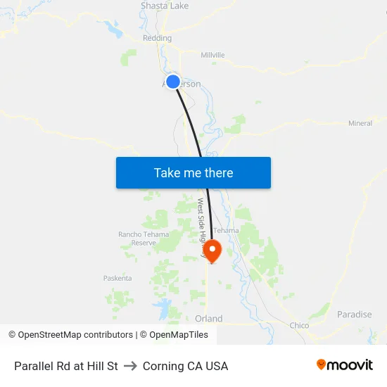 Parallel Rd at Hill St to Corning CA USA map