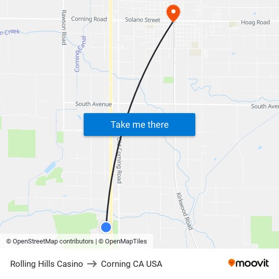 Rolling Hills Casino to Corning CA USA map