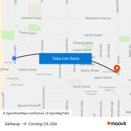 Safeway to Corning CA USA map