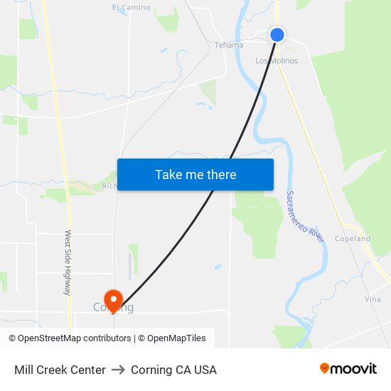 Mill Creek Center to Corning CA USA map