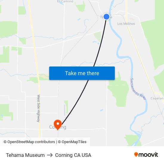 Tehama Museum to Corning CA USA map