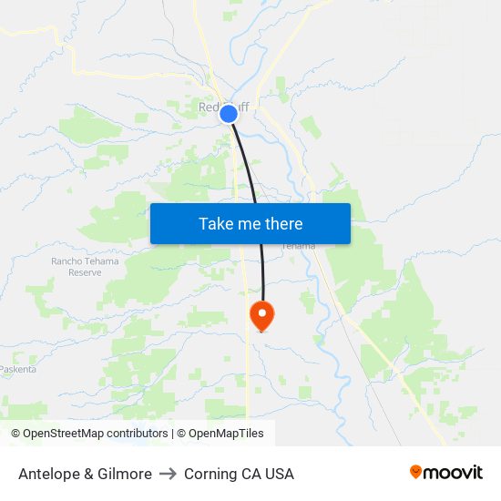 Antelope & Gilmore to Corning CA USA map