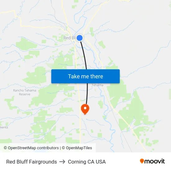 Red Bluff Fairgrounds to Corning CA USA map
