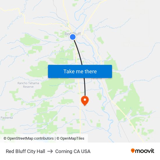 Red Bluff City Hall to Corning CA USA map