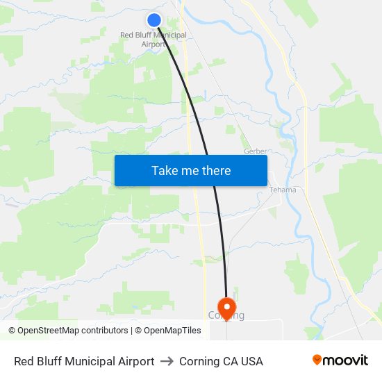 Red Bluff Municipal Airport to Corning CA USA map