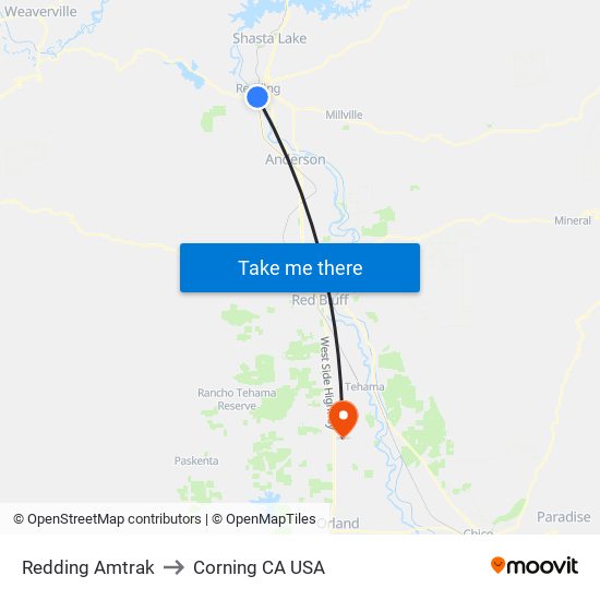 Redding Amtrak to Corning CA USA map