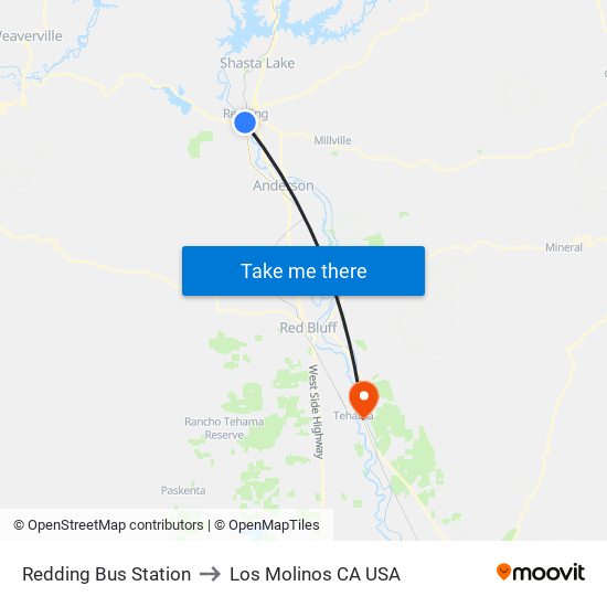 Redding Bus Station to Los Molinos CA USA map
